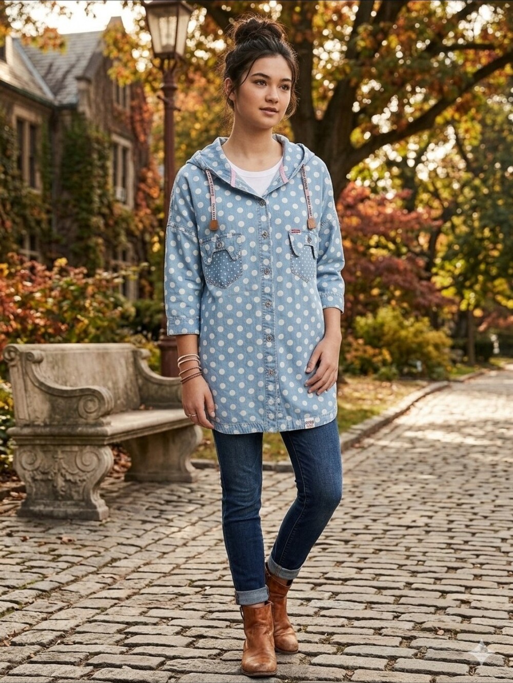 Polka Dot Hooded Button-Down Shirt – Light Blue and White